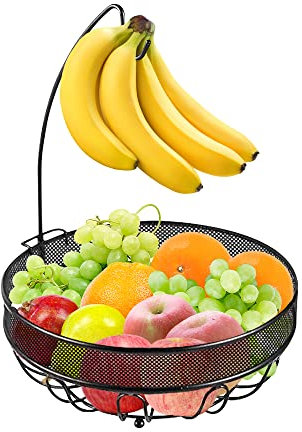 Mutool Fruit Bowl with Banana Hanger – Metal Wire Fruit Basket for Kitchen Counters – 2 in 1 Fruit Rack for Storing & Organizing Fruit Vegetables Snacks Bread – Bronze
