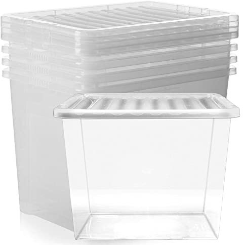 5 x 80L (80 Litres) XL Plastic Clear Storage Boxes With Lids Organise Home | Office Stackable See Through Essential Spacious Box
