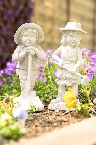 garden mile Set di statue da giardinaggio per bambini, effetto pietra bianca, grande, per esterni o interni, in resina, scultura decorativa da giardino, scultura per patio, aiuole, stagno, prato,