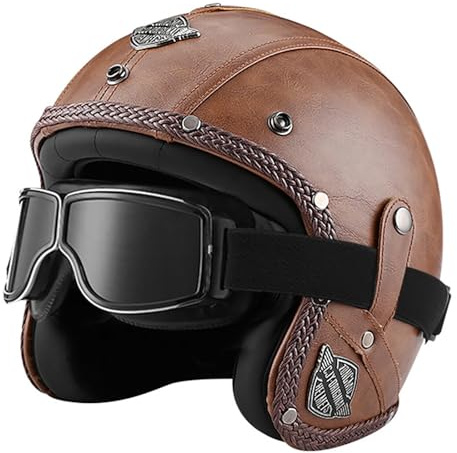 EBAYIN Motorradhelm, Halbhelm Retro Harley Lederhelm Mofa-Helm Motorradhelm 3/4-Helm Jethelm Vintage-Pilotenhelm ECE Zertifiziert Cruiser Chopper Roller mit Schutzbrille,J-XXL(63~64cm)