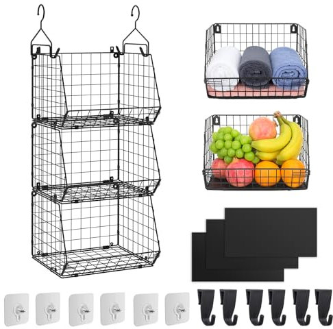 Wuciray Obstkorb Hängend 3 Etagen Obstkörbe Obst und Gemüse Aufbewahrung Faltbar Abnehmbare mit 6 Haken Fruit Basket Hängekorb Küche obstkorb wand hängekorb metall Hängekorb Obst Hängender Obstkorb