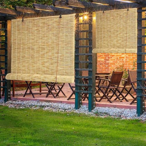 Anpassbar Bambusrollo, 40-170cm Breit Schnurlos Schilfrollos, Bambus Handgewebt Rollo, Sonnenschutz/Atmungsaktiver/Wetterfest, Für Fenster/Balkon/Terrasse/Innen/Außen ( Color : Natural white line )