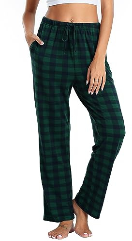 Lovasy Pantaloni Pigiama Donna in Pile Pantaloni a Quadri Morbidi e Caldo Trousers Plaid con Tasche per Casa Casual B Verde scuro L