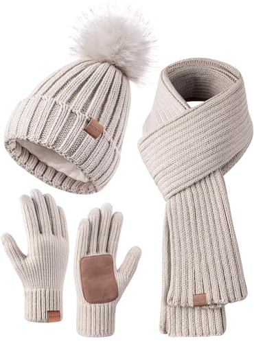 FISFET Hat Scarf and Gloves Set Ladies, Winter Beanie Hat for Women with Pom Pom Fleece Lined Warm, Bobble Hat Touchscreen Gloves Women Scarf Neck Warmer 3 in 1 Cold Weather Gift Set(Oatmeal)