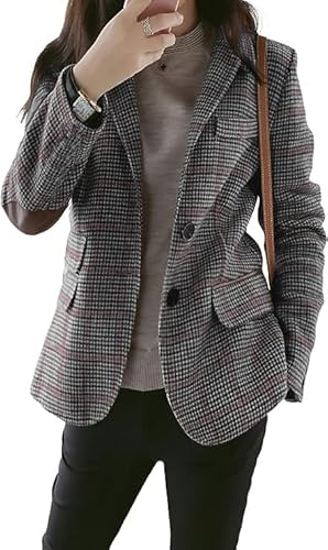 CHARTOU Women's Chic Lapel Collar Plaid 2-Button Business Work Office Blazer Suit Jacket (XX-Large, Grey)