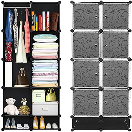 HUOLE Garderobe 10 Würfel DIY Regalsystem Kleiderschrank mit Tür mit Hammer Schuhablagen aus PP-Kunststoff Mit 1 Kleiderstange für hängende Kleidung 167 * 76 * 37cm schwarz