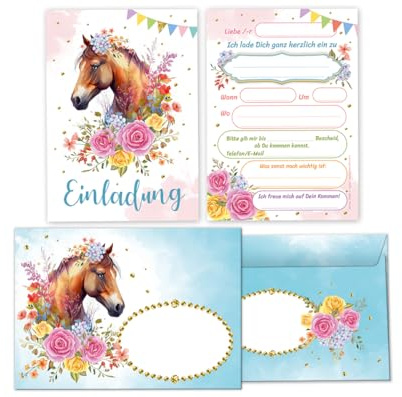 Minkocards 12 Einladungskarten incl. 12 Umschläge zum Kindergeburtstag Mädchen Pferd Einladungen zum Geburtstag Kinder Einladungsset
