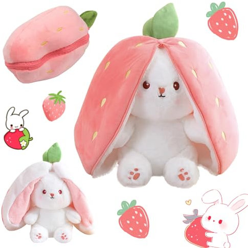 VidFair Rabbit Muppet Toys Cute Reversible Carrot Bunny Strawberry Plush Pillow with Zipper Toy Floppy Ear Soft Stuffed Dolls Easter Children's Day Birthday Gift for Boys Girls(18cm/7.1in)