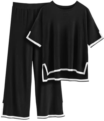 Tuopuda Hemdräkt dam tvådelad fritidsoverall kortärmad ribbad stickad tröja med långa byxor lounge set rund hals fritid outfit, svart, M