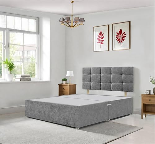 Divan Beds Deals Stylish Grey Chenille Divan Double Bed Frame with 20” High Cube Headboard | Double Bed Frame (No Drawers)