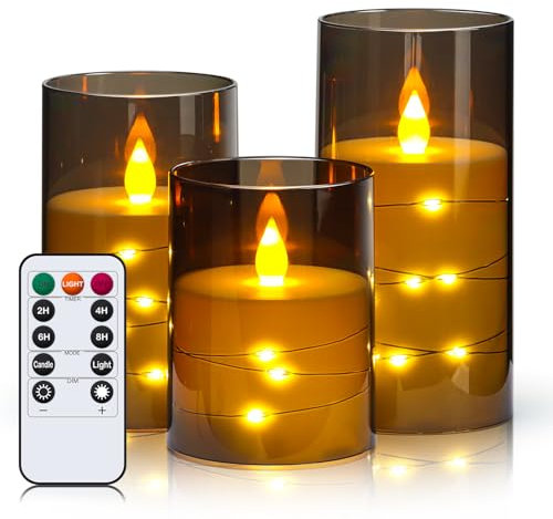 LED Kerzen Flackernde Flamme mit Fernbedienung und Timerfunktion, Grau Acryl Flammenlose Elektrische Kerzen mit eingebetteten Lichterketten, 3er Set