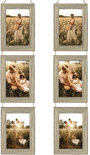 2Pcs Photo Frame with Twine 6x4, Wooden Hanging Multi 3 Photo Picture Frames, Multiple Photo Frame, Picture Frame Made of Solid Wood for Living Room or Office, Brown