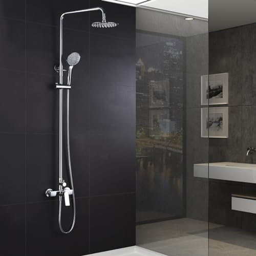 IMEX - Columna Ducha Monomando con Grifo | Kit de Ducha con Alcachofa y Rociador Antical | Griferia en Latón y Acero Inox S.304 con Barra Extensible | Serie Luxor | Color Cromado