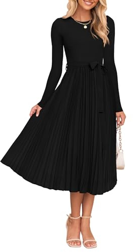 ZESICA Women's Spring Long Sleeve Sweater Dress 2025 Casual Crewneck Knit Belted Pleated A Line Flowy Party Midi Dresses Black Medium