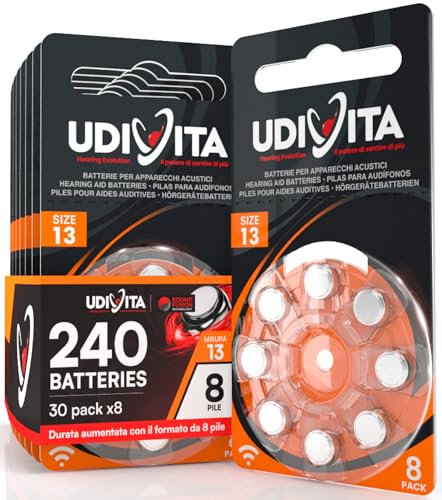 240 Batterie Per Apparecchi Acustici Auricolari Udivita Misura 13 PR48 (Arancioni) Tecnologia Phono Pulse - 30 Blister da 8 Pile