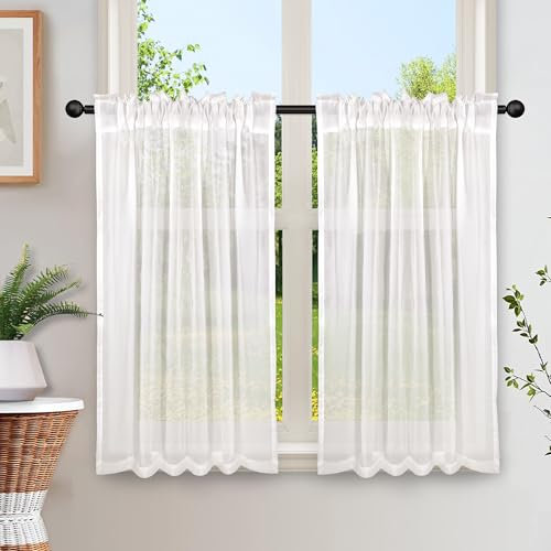 Heveer Tende Semitrasparenti Corte Tenda per Finestra Bianca Set di 2 per Cucina Bagno Soggiorno Bistrot Casa di Campagna 65x115 cm