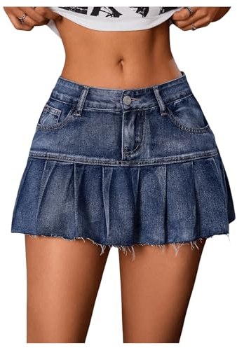 GORGLITTER Women's A Line Pleated Denim Skirts Flared Raw Hem Drop Waist Mini Jeans Skirt Dark Wash S