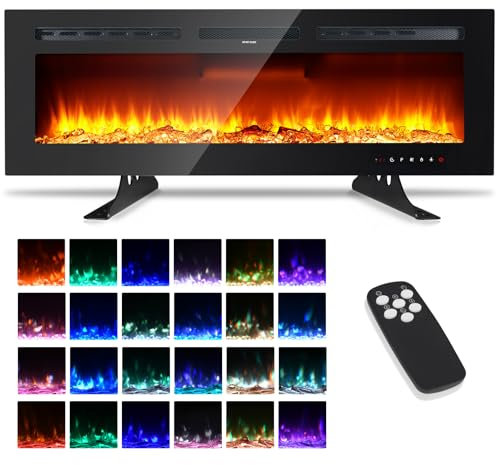 Elektrokamin 3D Wandkamin Elektrischer 50（127cm） Kamin mit Heizung 12 Farbmodi LED Flammeneffekt, 900/1800 W Kaminofen Wand und Einbaukamin Wandmontage Heizung App-Funktion Fernbedienung Schwarz
