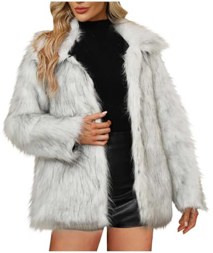Komiseup Fleecejacke Damen, Winterjacke Damen Lange Winter Pelzmantel Elegant Kunstpelz Jacke Offener Front Wintermantel Dick Plüschjacke mit Kapuze Warme Kunstfell Oberbekleidung Faux Pelz Coat 58