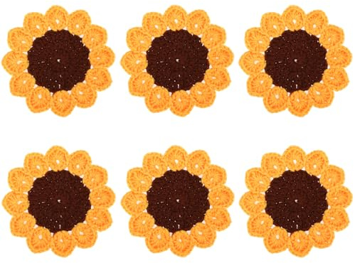 kilofly Set di 6 sottobicchieri all'uncinetto a forma di girasole per bevande, 13 cm, centrini fatti a mano