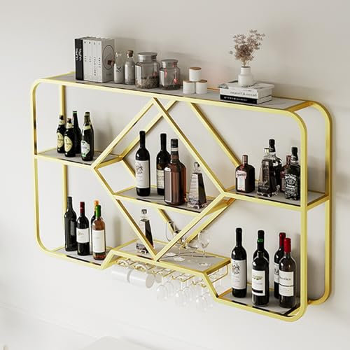 Wall Mounted Wine Rack Shelf for Stylish Home Bar Storage Gold Color Space Saving Hanging Goblet Rack Cupboard Display Shelf for Wine Bottles and Glassware