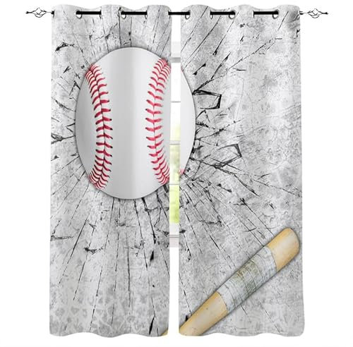 Rptidmv Vorhänge mit Ösen 2er Set Baseball Modern Blickdichte Vorhang Thermovorhang Kälteschutz Verdunklungsvorhänge für Wohnzimmer Schlafzimmer Kinderzimmer 140 x 175 cm (BxH)