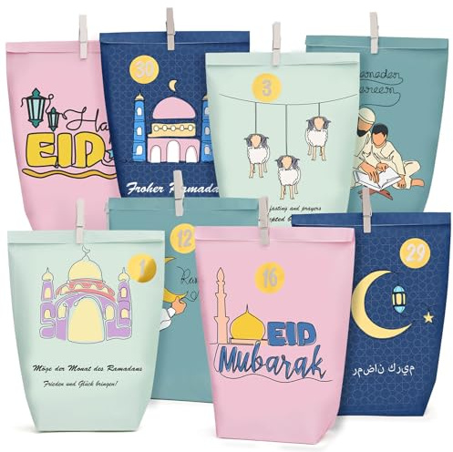 DIY Ramadan Kalender zum Befüllen-Eid Mubarak tüten-30 Bedruckte Kraftpapiertüten-umrah mubarak deko-ramadankalender Tüten-Ramadan deko Set-wiederverwendbar