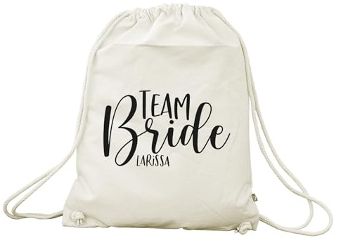 Herz & Heim® Personalisierter Turnbeutel Team Bride – JGA Rucksack mit Name – Hochzeitsbeutel für Junggesellenabschied – Baumwollbeutel mit Kordelzug (Natur)