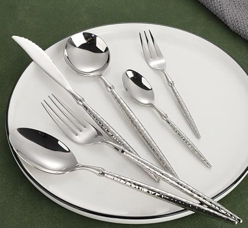 Ménagère de 6/24/36/48 pièces en Acier Inoxydable 304 pour la Maison, l'hôtel, Le Restaurant, Le Couteau à Steak, la Fourchette et la cuillère à Dessert en Acier Massif martelé, Argent (8 pièces)
