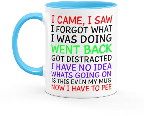 Gift Island I Came I Saw I Forgot Mug - ADHD Mug Funny Silly Present for Women for Birthday - Christmas - Mum, Friend, Sister & Colleague Secret Santa Work - Quotes - 11oz (Blue Handle)