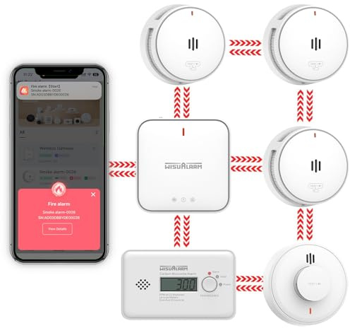 Vernetzter Rauchmelder, Hitzemelder, Kohlenmonoxidmelder mit Basisstation, intelligentes Feuermeldesystem mit Wisualarm-App, sofortige Push-Benachrichtigung (3*Rauch+1*CO+1*Hitze+1*Gateway)