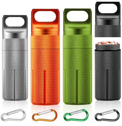 Mini Pillendose,Tragbare Wasserdichter Behälter Mit Karabinern,9.6 * 3cm | Aluminiumlegierungs Pille Kasten,Tablettenbox Wasserdicht Kapsel Pillendose für Outdoor-Camping, Wandern, Klettern,4 Farben