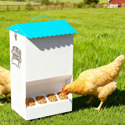 Großer automatischer Hühner-Futterspender mit 8 Futteröffnungen, kein Abfall-Design, höhenverstellbare Beine & sicherer Verriegelungsdeckel für Hühner, Enten und Geflügel (9.1 kg)