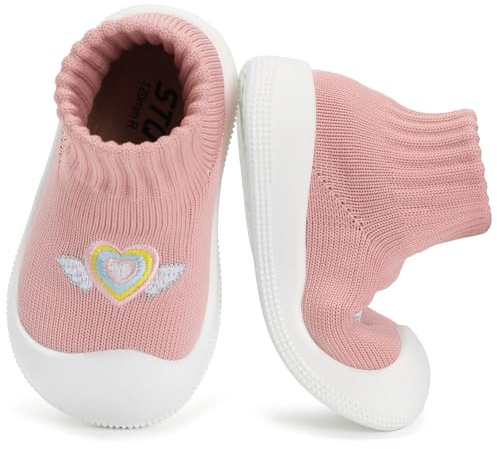 STQ Wide Toe Box Baby Sock Shoes Baby First Walking Shoes Infant Non-Slip Breathable Slippers with Soft Sole Toddler Boys Girls Slip On Barefoot Sneakers Pink Love 12-18 Months
