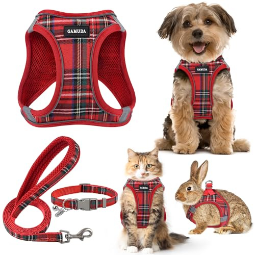 Hundegeschirr für kleine Haustiere, Halsband und Leine, kein Ziehen, weiches Netzgewebe, verstellbar, kariert, reflektierend, für Hunde, Welpen und Katzen, Outdoor-Training (Rot, XS)