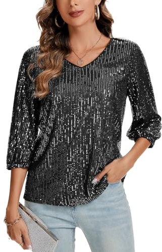Kyzoeyou Damen Pailletten Glitzer Tops Oberteil 3/4 Ärmel V-Ausschnitt T-Shirt Bluse Lose Freizeit Party Festival Club