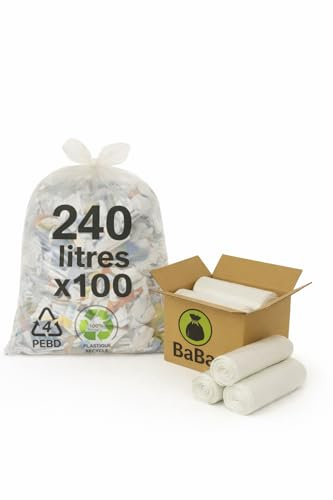 Babag | Bolsa de basura transparente 240 x 100 | Grosor 30 micras | Calidad profesional | Ultra-resistente e impermeable | Antiolor | Sin lazos de cierre | Plástico 100% reciclado, 100 bolsas