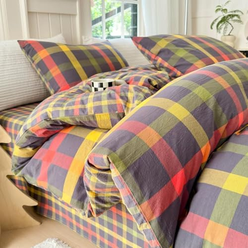Nesture Bettwäsche 135x200 Baumwolle 2teilig, Farbenfroh Kariert | 100% Baumwolle, gewaschene Leinenoptik, 1x Bettbezug 135x200 + 1x Kissenbezug 80x80cm, Bettwäsche-Sets, Weich & atmungsaktiv