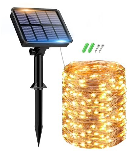 btfarm 15M 150 LED Luci Natale Solari Esterno, 8 Modalità Catena Luminosa Esterno Solare, Impermeabile Filo di Rame Lucine Esterno Energia Solare Decorative per Giardino Albero, Bianco Caldo