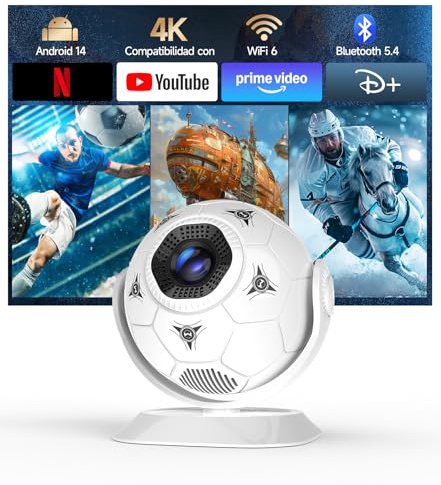 Magcubic Miniprojektor 4K stöd, 360° fotbollsmotiv projektor liten hemmabio utomhus WiFi 6 Bluetooth 5.4, bil keystone bärbar projektor kort avstånd för mobiltelefon smart TV Android 14, HY300F