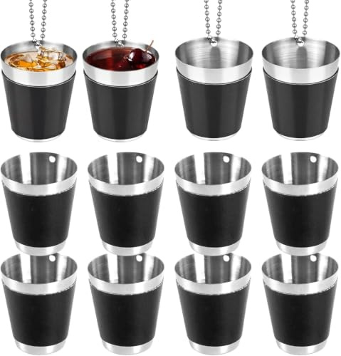 12 st. snapsglas med kedja, 30 ml, svart, återanvändbara snapsglas i rostfritt stål för bröllop, födelsedagsfester och möhippor