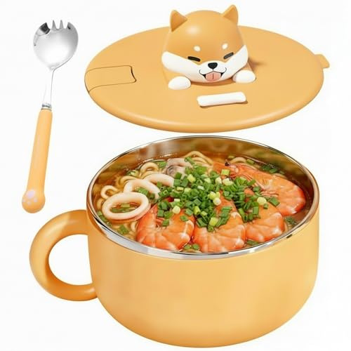MIPIACE 1200ml Cuenco De Fideos Instantáneos con Tapa y Cuchara Cuenco De Ramen Instantáneo Con Tapa Ramenschüssel Instant de Acero Inoxidable Para Sopa Ensaladas Pasta Fruta Verduras