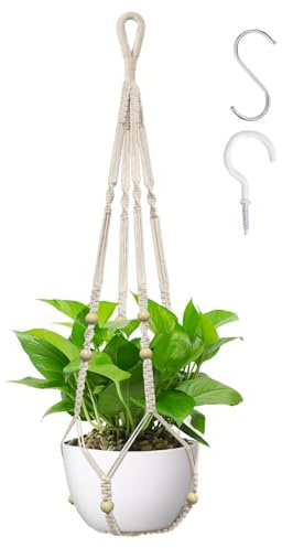 Noaxylic Suspension Plante Macramé 90 cm, Macrame Suspension Plante | Jardinière Suspendue, Supports de Plantes Boho pour Pots Jusqu'à 20 cm de Diamètre (Blanc)