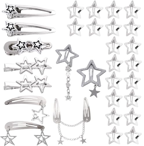 30 stycken stjärnformade Y2K hårspännen, silverfärgade set med 20 stjärnformade hårspännen och 10 punk-stil hårspännen med stjärntecken, Y2k-accessoarer för tjejer och kvinnor, håraccessoarer