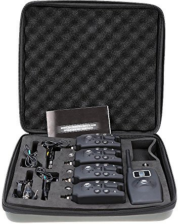 Lixada Funk Bissanzeiger Set Wireless Digital Angeln Alarm Angeln Empfänger Ton Alarm Kit Led Alarmanzeige mit Portable Case (4 Angeln Bissanzeiger + 1 Empfänger + 4 Swinger)