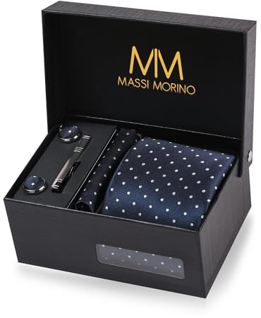 Corbata de diseñador de Massi Morino. Set con pañuelo, gemelos y pasador de corbata, cosida a mano, de seda sintética en varios colores, incluye caja de regalo, Dunkelblau - Gepunktet, unisex