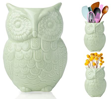 Comfify Owl Utensil Holder Decorative Ceramic Cookware Crock & Organizer, in Lovely Green Color - Utensil Caddy and Perfect Kitchen Ceramic Décor Gift - 12.7 x 17.8 x 10.2 cm Size