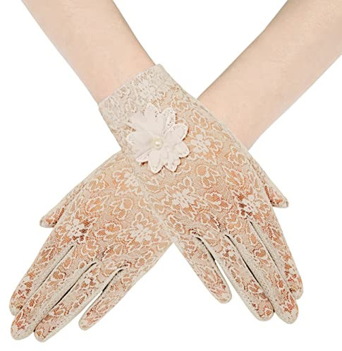 BABEYOND Damen Lace Handschuhe Satin Braut Hochzeit Spitze Opera Fest Party 1920s Handschuhe Damen Kostüm Accessoires (Kurz Blume Beige)