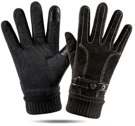 YULOONG Herrenhandschuhe Winter Touchscreen Texting Driving Dickes Wildleder Lederhandschuhe Fleece Futter Schwarz