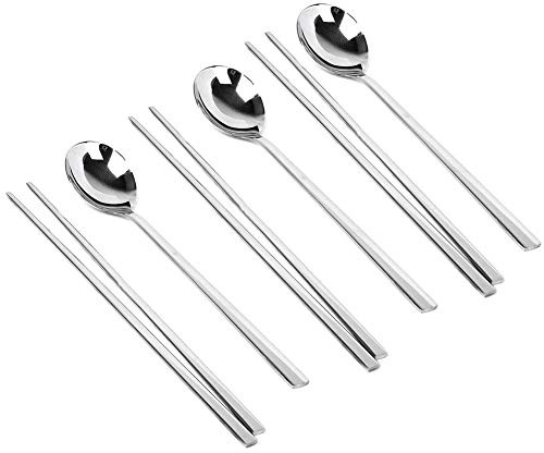 YAPULLYA Löffel und Essstäbchen aus poliertem Edelstahl, koreanische Essstäbchen und Löffel, Geschirr mit langer Hand, wiederverwendbar, 3er-Set, Silber